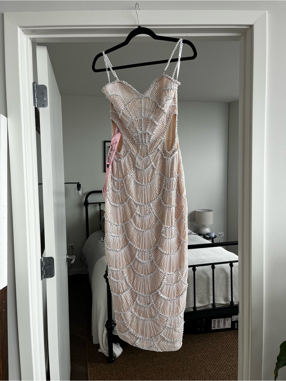 Beaded Beige & Pearl Maxi Dress with Pearl Straps
